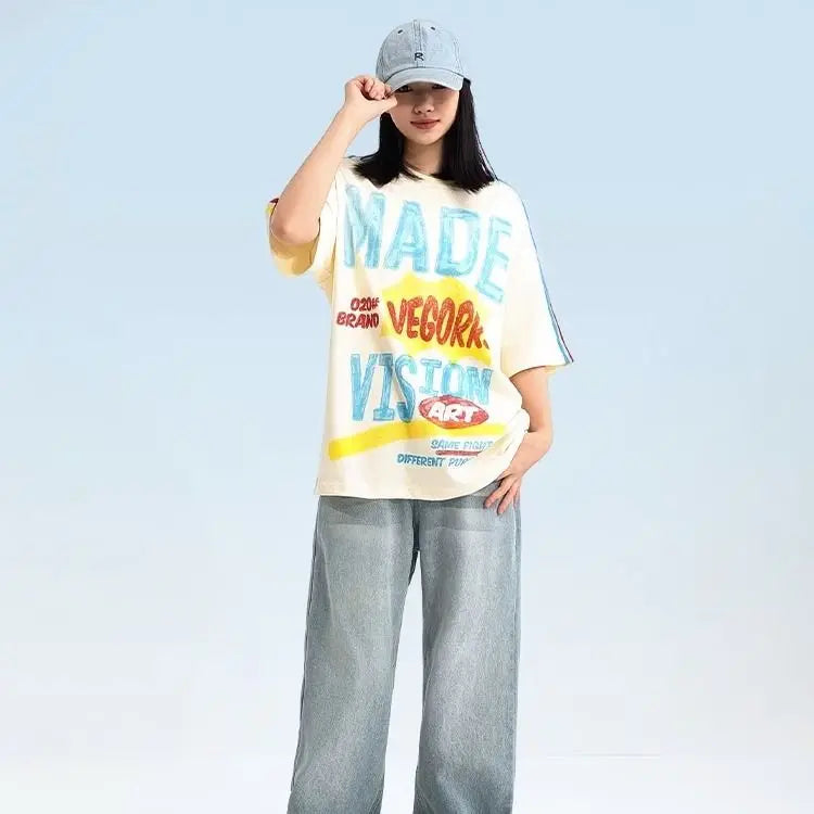Skatercore Graphic tee ā American Colored Striped Graffiti Letter Splicing Short Slee