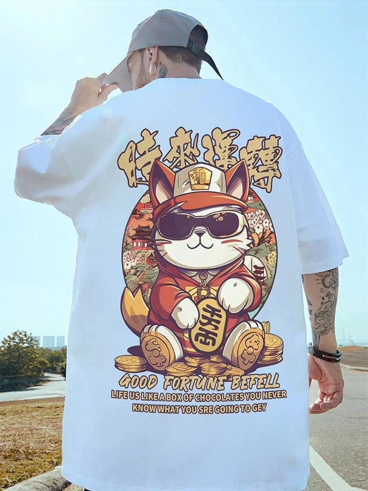 Harajuku Crying character ā Good Fortune Befell Print Oversized T Shirt For Men Anime Ca