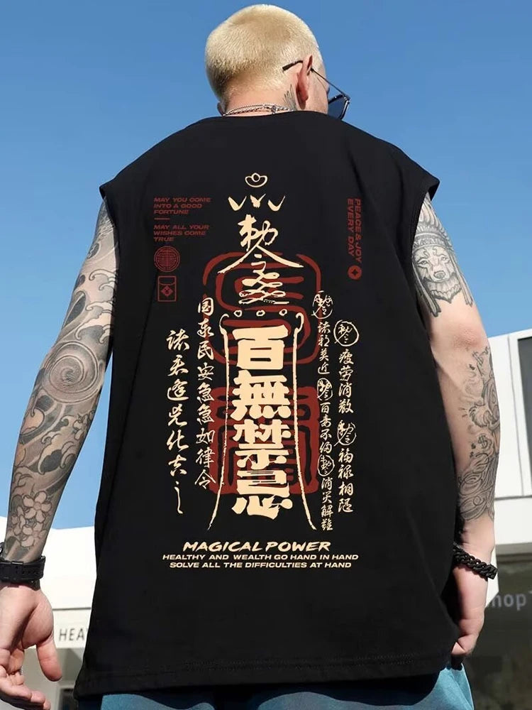 Glitchcore Melting smiley ā Summer Chinese Character Print Tank Top Mens Hip Hop Fashion
