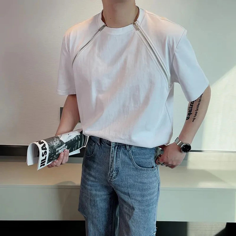 Cyberpunk Graphic tee ā Korean Fashion Zipper T Shirt Men Loose Short Sleeve Casual