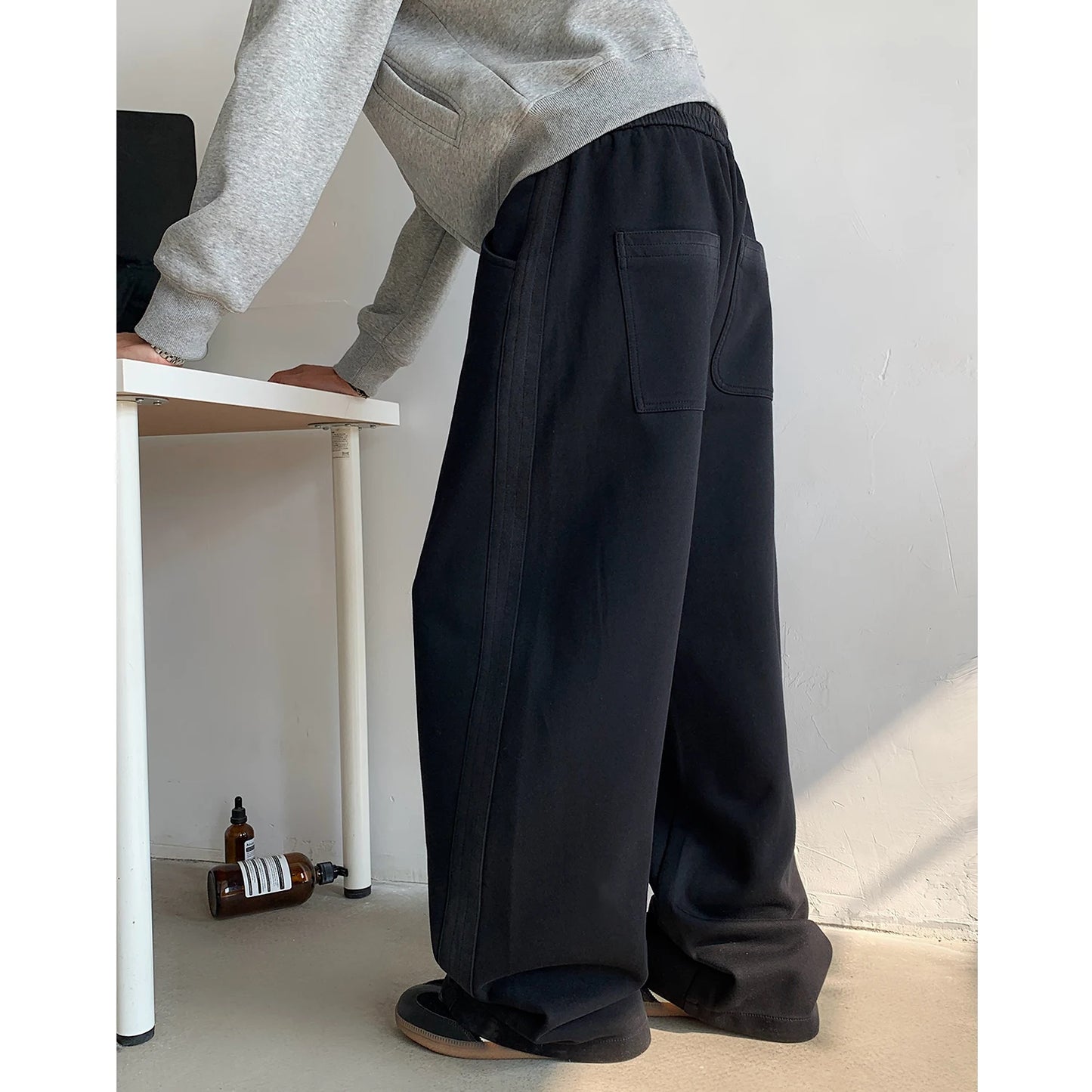winter new mens tie dye fleece casual pants side striped wide leg straight sweatpants neutral high quality long baggy trousers unique joggers style 881