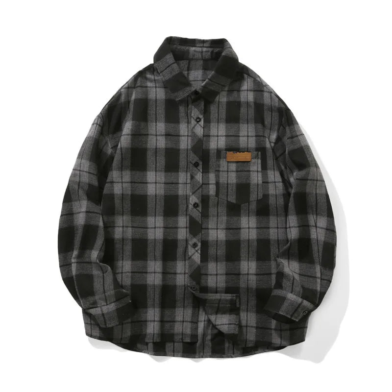 Autumn Long Sleeved Shirt Men Oversized Retro Casual Shirt Men Japanese Streetwear Loose Plaid Shirt