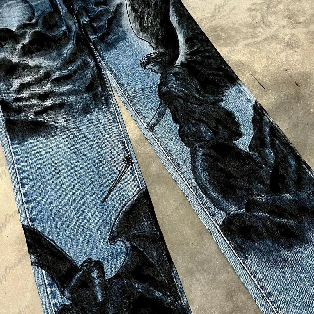 european and american style wide foot angel pattern y2k jeans womens autumn and winter printed fashionable ethnic pants unique jeans style 3225