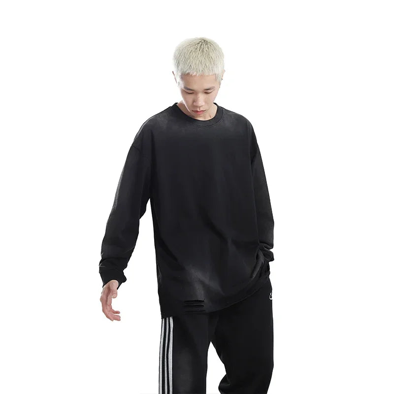 Vaporwave Barcode glitch ā Mens Streetwear Hole Washed Cotton Long Sleeve Loose Casual