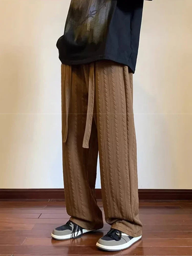 autumn waffle foam striped design pants for men new high street wide leg straight trousers casual y2k vintage pantalones hombre unique default style 119
