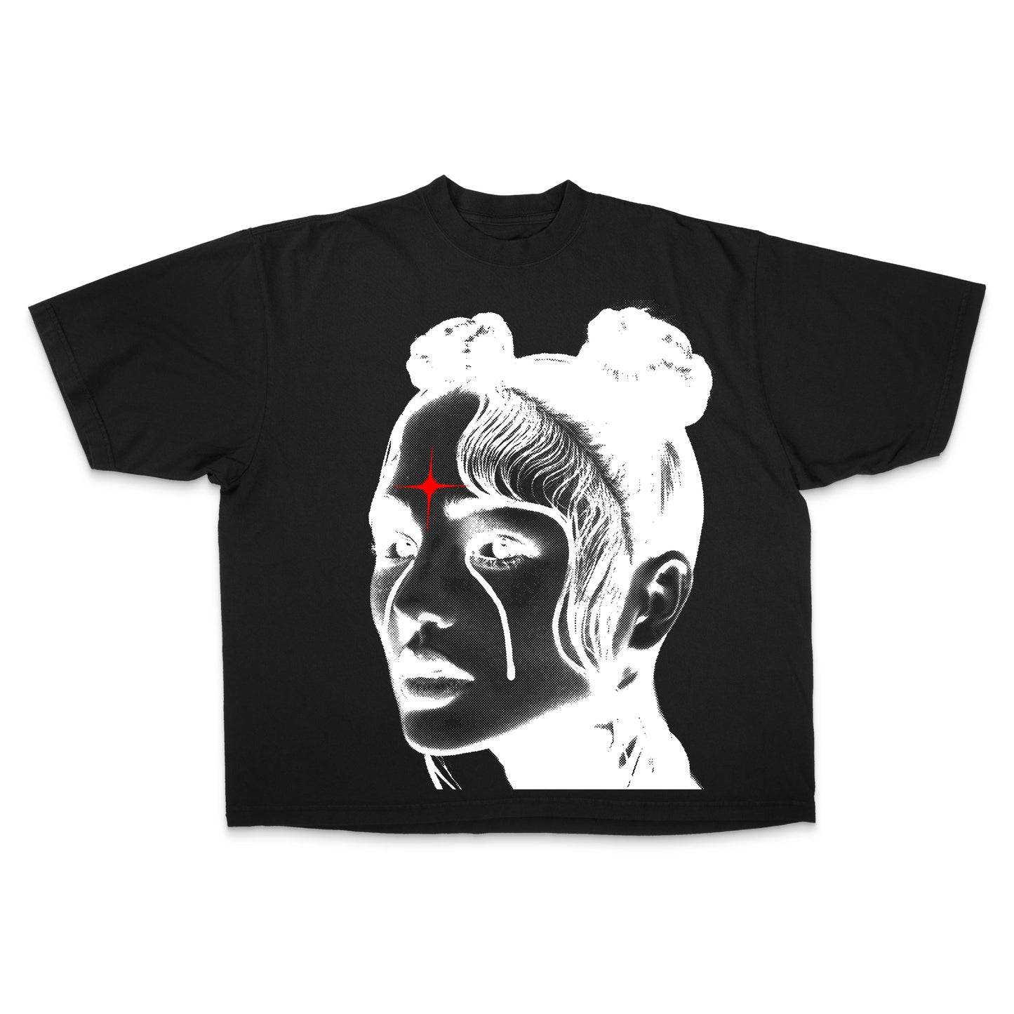 y2k oversized comic panel tee with glitch effect lines