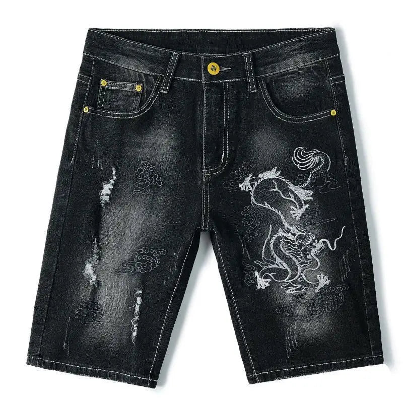 Summer Embroidered Eagle Denim Shorts Men's Summer Thin Fit Good Quality Ripped