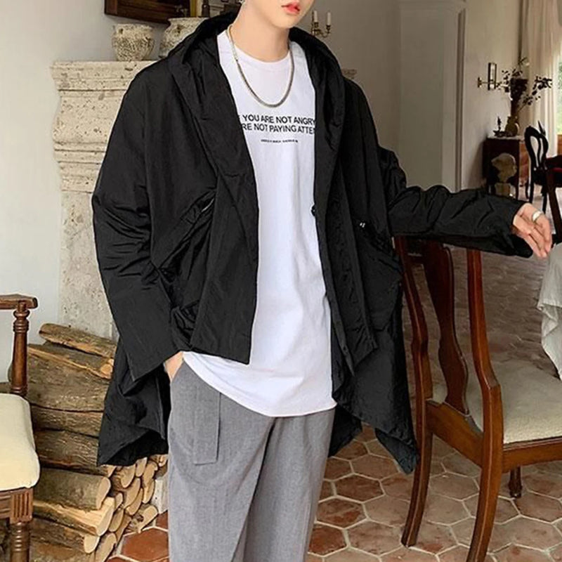 Mens Japanese Irregular Hooded Windbreaker Genderless 2024 New Personalized Versatile Retro Streetwear Solid Color Jacket Unisex