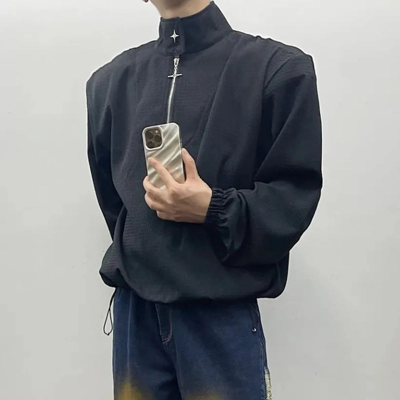 Mens Y2k Shoulder Pad Cross Metal Zipper Polo Shirt Genderless 2024 New Youth Personality Versatile High Collar Long-Sleeve Top