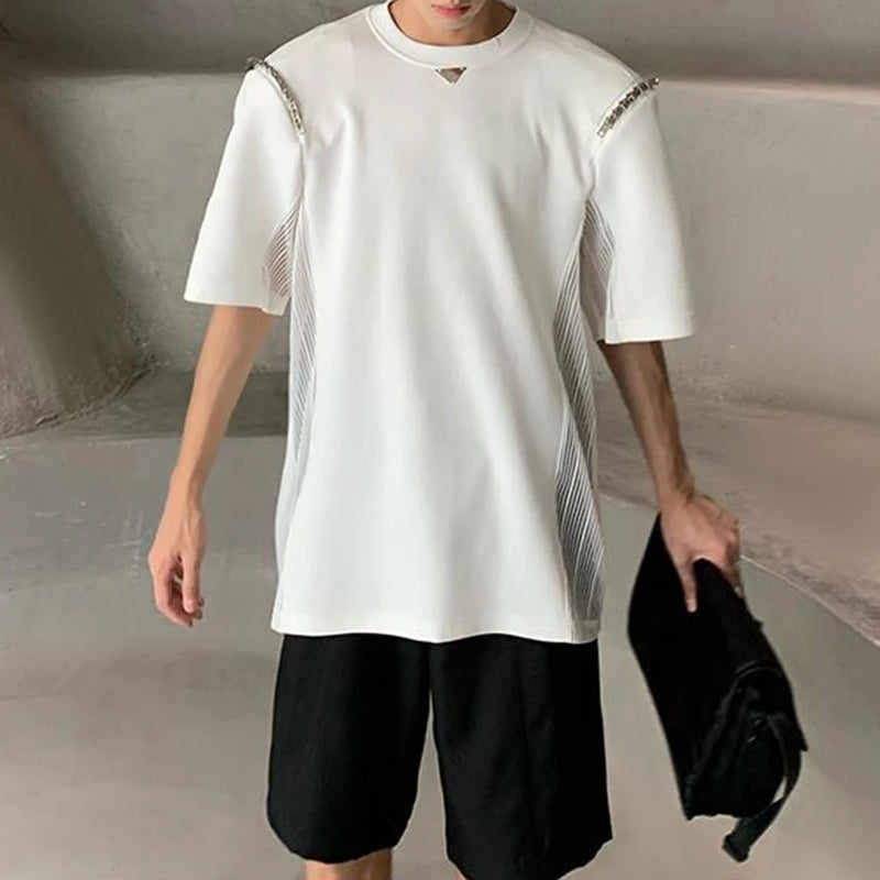 Harajuku Tribal flame – Mens Casual Splicing See Through Chain T Shirt 2024 New Gend