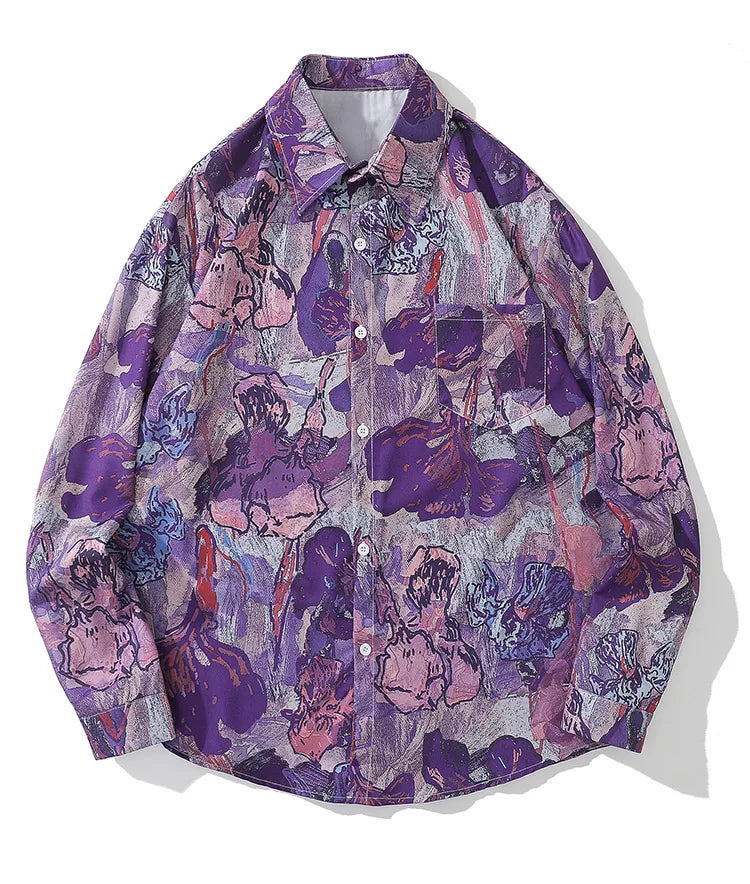 Aolamegs Oversized Men's Shirts Fresh Flower Graphic Print Hip Hop Long Sleeve Tops Summer Fashion High Street Couple Streetwear