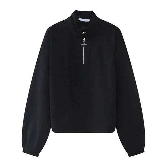 Mens Y2k Shoulder Pad Cross Metal Zipper Polo Shirt Genderless 2024 New Youth Personality Versatile High Collar Long-Sleeve Top