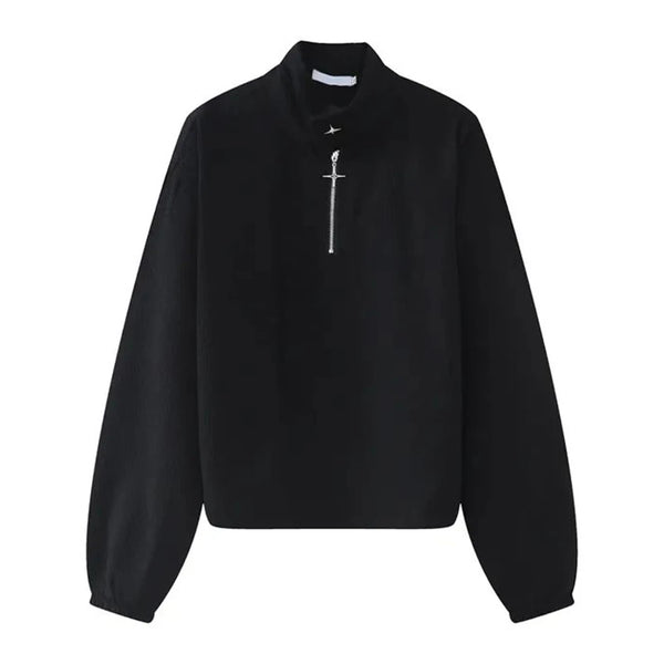 Mens Y2k Shoulder Pad Cross Metal Zipper Polo Shirt Genderless 2024 New Youth Personality Versatile High Collar Long-Sleeve Top