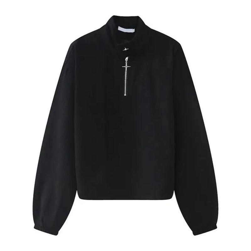 Mens Y2k Shoulder Pad Cross Metal Zipper Polo Shirt Genderless 2024 New Youth Personality Versatile High Collar Long-Sleeve Top