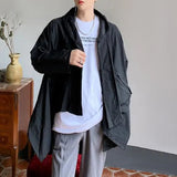Mens Japanese Irregular Hooded Windbreaker Genderless 2024 New Personalized Versatile Retro Streetwear Solid Color Jacket Unisex