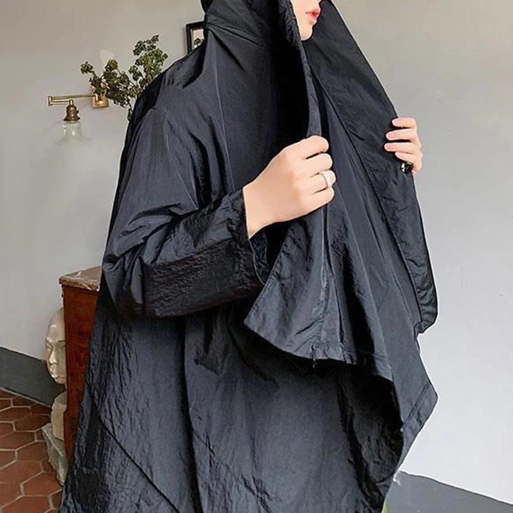 Mens Japanese Irregular Hooded Windbreaker Genderless 2024 New Personalized Versatile Retro Streetwear Solid Color Jacket Unisex