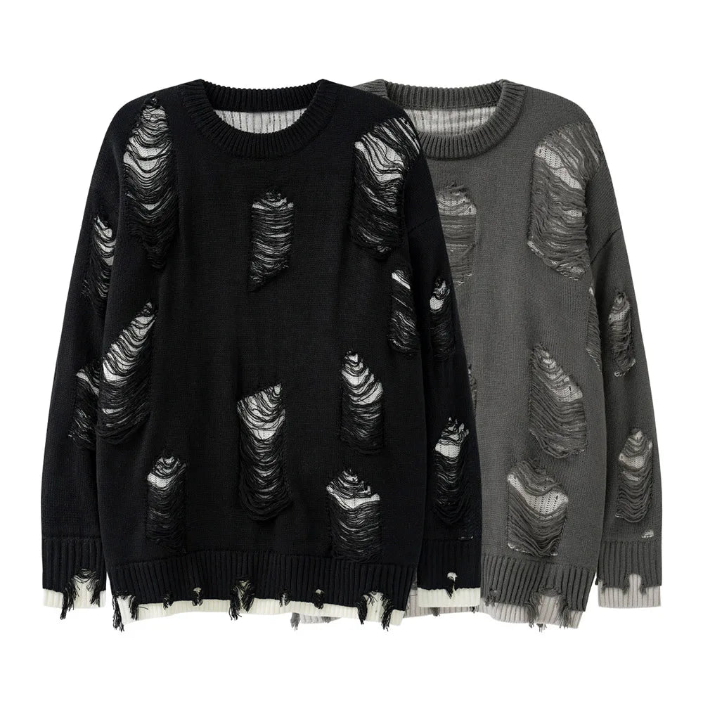 grunge knit sweater with heavyweight fabric, layered urban look for cold weather, street fashion menswear trend for seasonal 