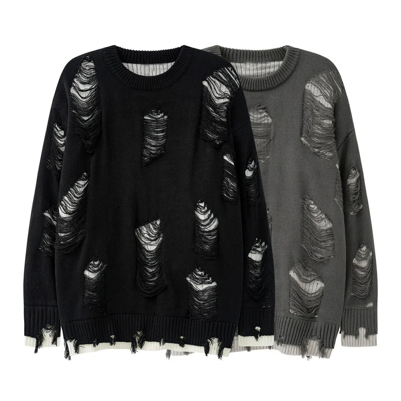 grunge knit sweater with heavyweight fabric, layered urban look for cold weather, street fashion menswear trend for seasonal 