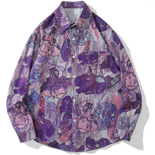 Oversized Men's Shirts Fresh Flower Graphic Print Hip Hop Long Sleeve Tops Streetwear
