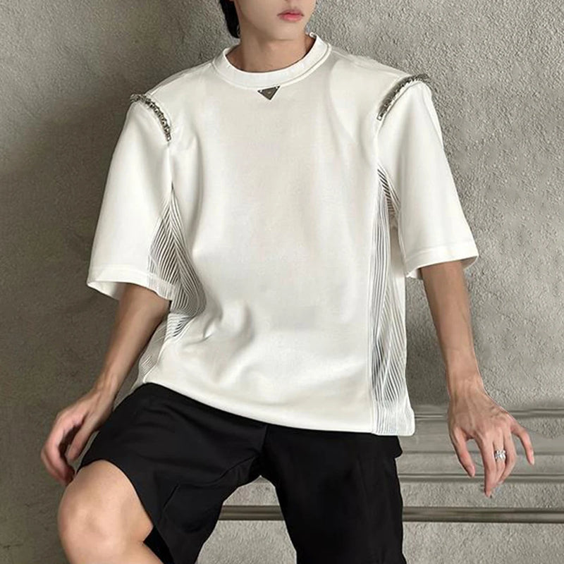 Harajuku Tribal flame – Mens Casual Splicing See Through Chain T Shirt 2024 New Gend