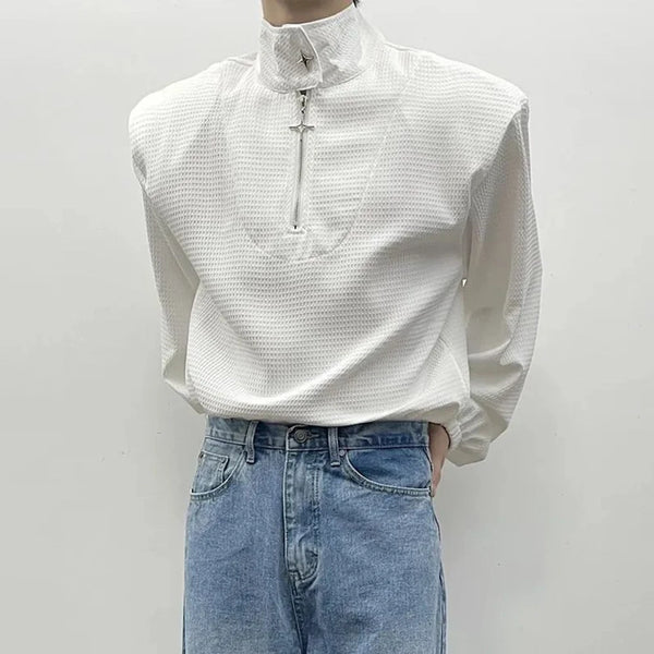 Mens Y2k Shoulder Pad Cross Metal Zipper Polo Shirt Genderless 2024 New Youth Personality Versatile High Collar Long-Sleeve Top