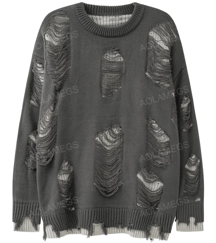 grunge knit sweater with heavyweight fabric, layered urban look for cold weather, street fashion menswear trend for seasonal 