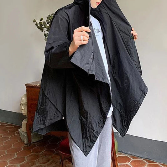 Mens Japanese Irregular Hooded Windbreaker Genderless 2024 New Personalized Versatile Retro Streetwear Solid Color Jacket Unisex