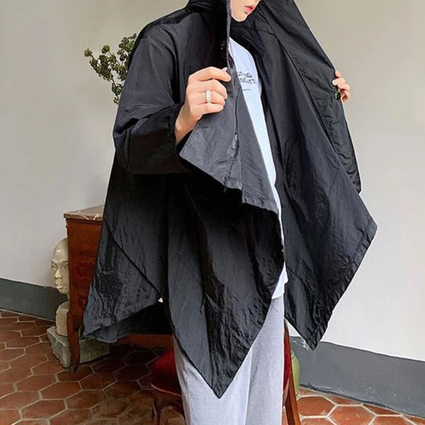 Mens Japanese Irregular Hooded Windbreaker Genderless 2024 New Personalized Versatile Retro Streetwear Solid Color Jacket Unisex