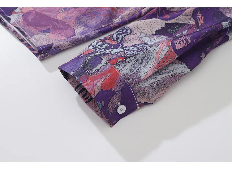 Oversized Men's Shirts Fresh Flower Graphic Print Hip Hop Long Sleeve Tops Streetwear