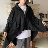 Mens Japanese Irregular Hooded Windbreaker Genderless 2024 New Personalized Versatile Retro Streetwear Solid Color Jacket Unisex