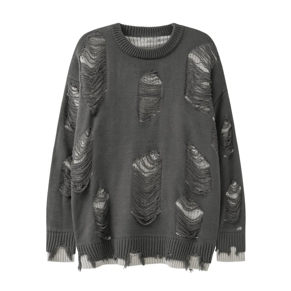 grunge knit sweater with heavyweight fabric, layered urban look for cold weather, street fashion menswear trend for seasonal 