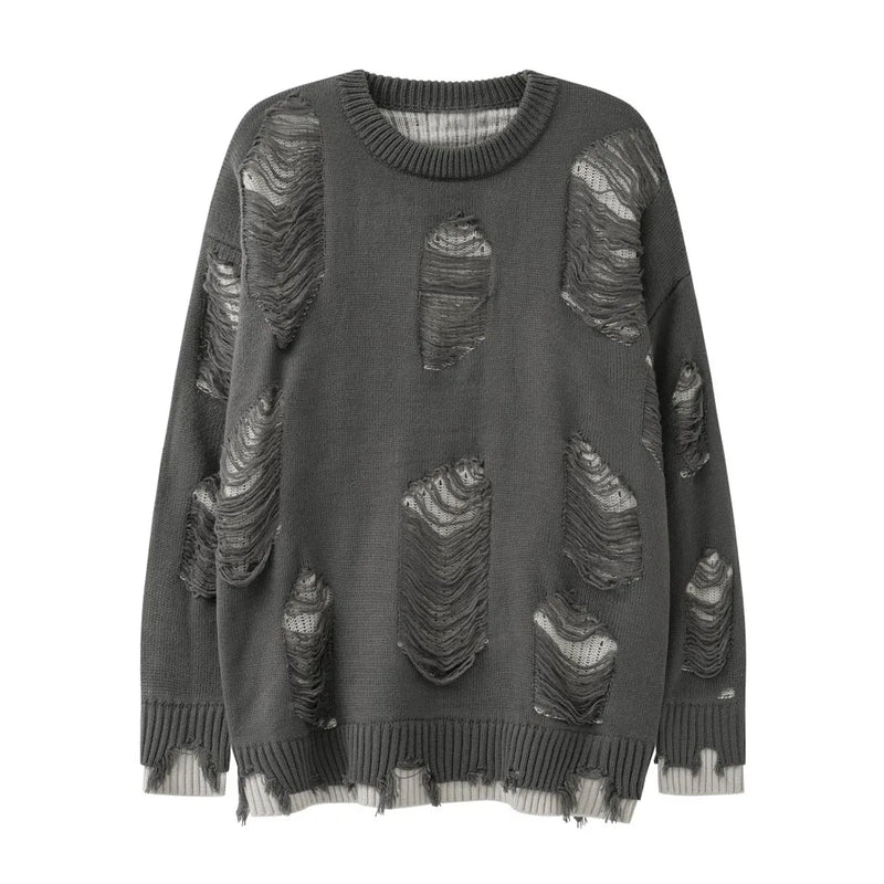 grunge knit sweater with heavyweight fabric, layered urban look for cold weather, street fashion menswear trend for seasonal 