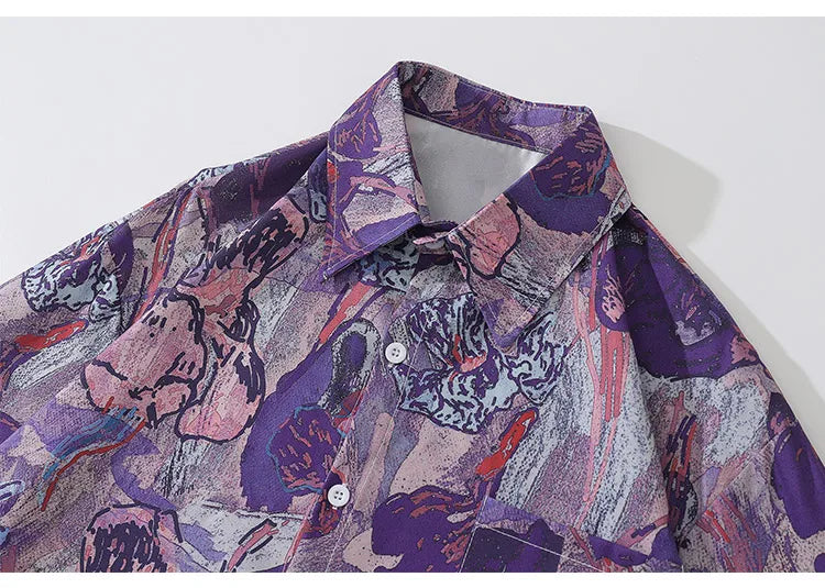 Oversized Men's Shirts Fresh Flower Graphic Print Hip Hop Long Sleeve Tops Streetwear