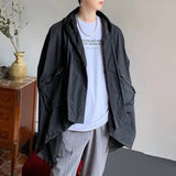 Mens Japanese Irregular Hooded Windbreaker Genderless 2024 New Personalized Versatile Retro Streetwear Solid Color Jacket Unisex