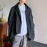 Mens Japanese Irregular Hooded Windbreaker Genderless 2024 New Personalized Versatile Retro Streetwear Solid Color Jacket Unisex