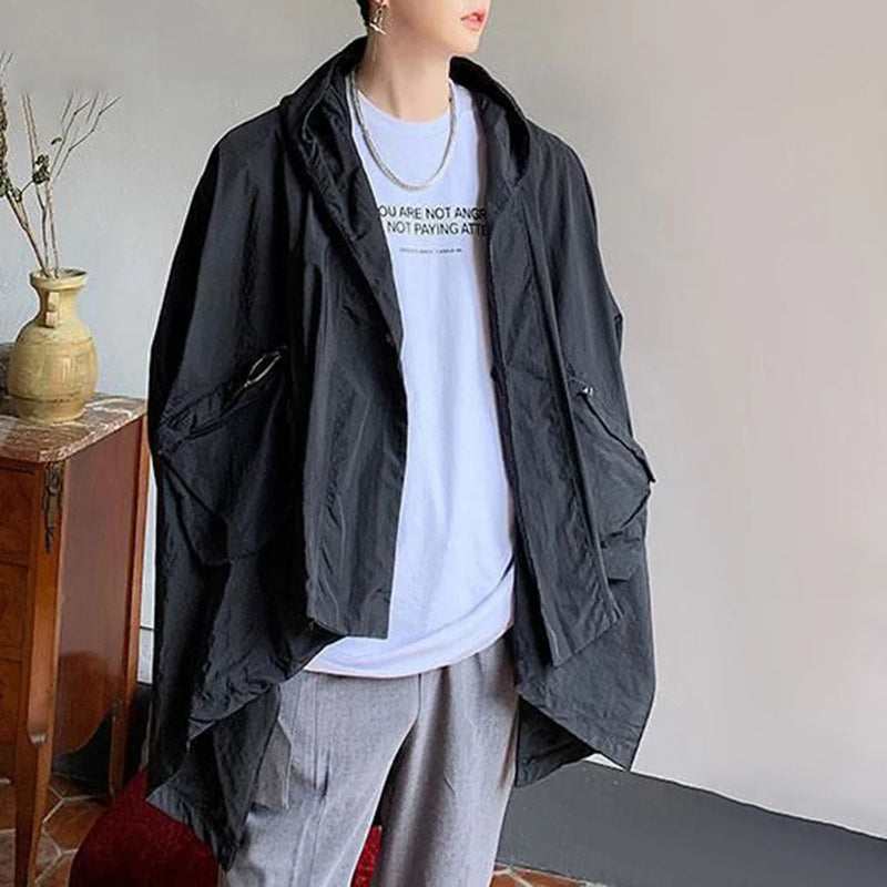 Mens Japanese Irregular Hooded Windbreaker Genderless 2024 New Personalized Versatile Retro Streetwear Solid Color Jacket Unisex