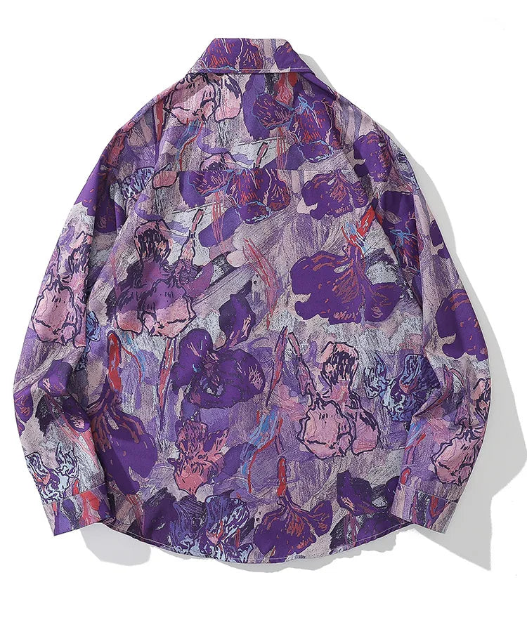 Oversized Men's Shirts Fresh Flower Graphic Print Hip Hop Long Sleeve Tops Streetwear