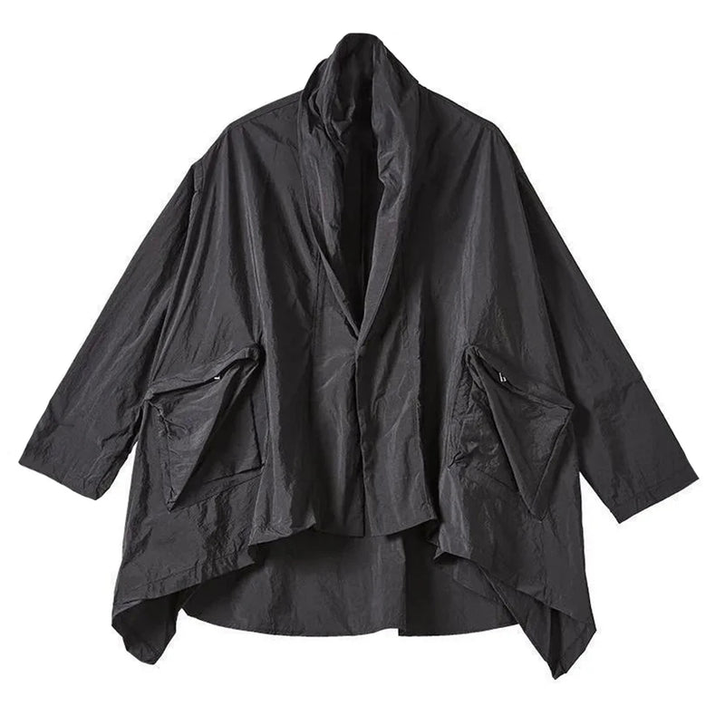 Mens Japanese Irregular Hooded Windbreaker Genderless 2024 New Personalized Versatile Retro Streetwear Solid Color Jacket Unisex