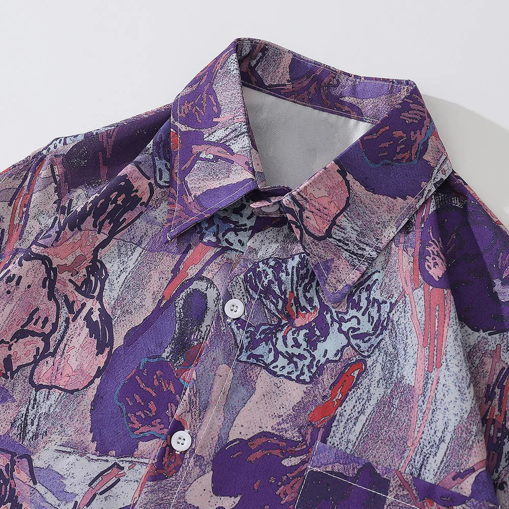 Oversized Men's Shirts Fresh Flower Graphic Print Hip Hop Long Sleeve Tops Streetwear