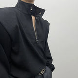 Mens Y2k Shoulder Pad Cross Metal Zipper Polo Shirt Genderless 2024 New Youth Personality Versatile High Collar Long-Sleeve Top