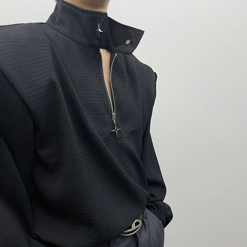Mens Y2k Shoulder Pad Cross Metal Zipper Polo Shirt Genderless 2024 New Youth Personality Versatile High Collar Long-Sleeve Top
