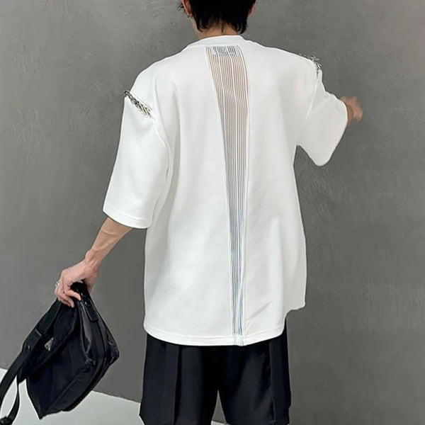 Harajuku Tribal flame – Mens Casual Splicing See Through Chain T Shirt 2024 New Gend