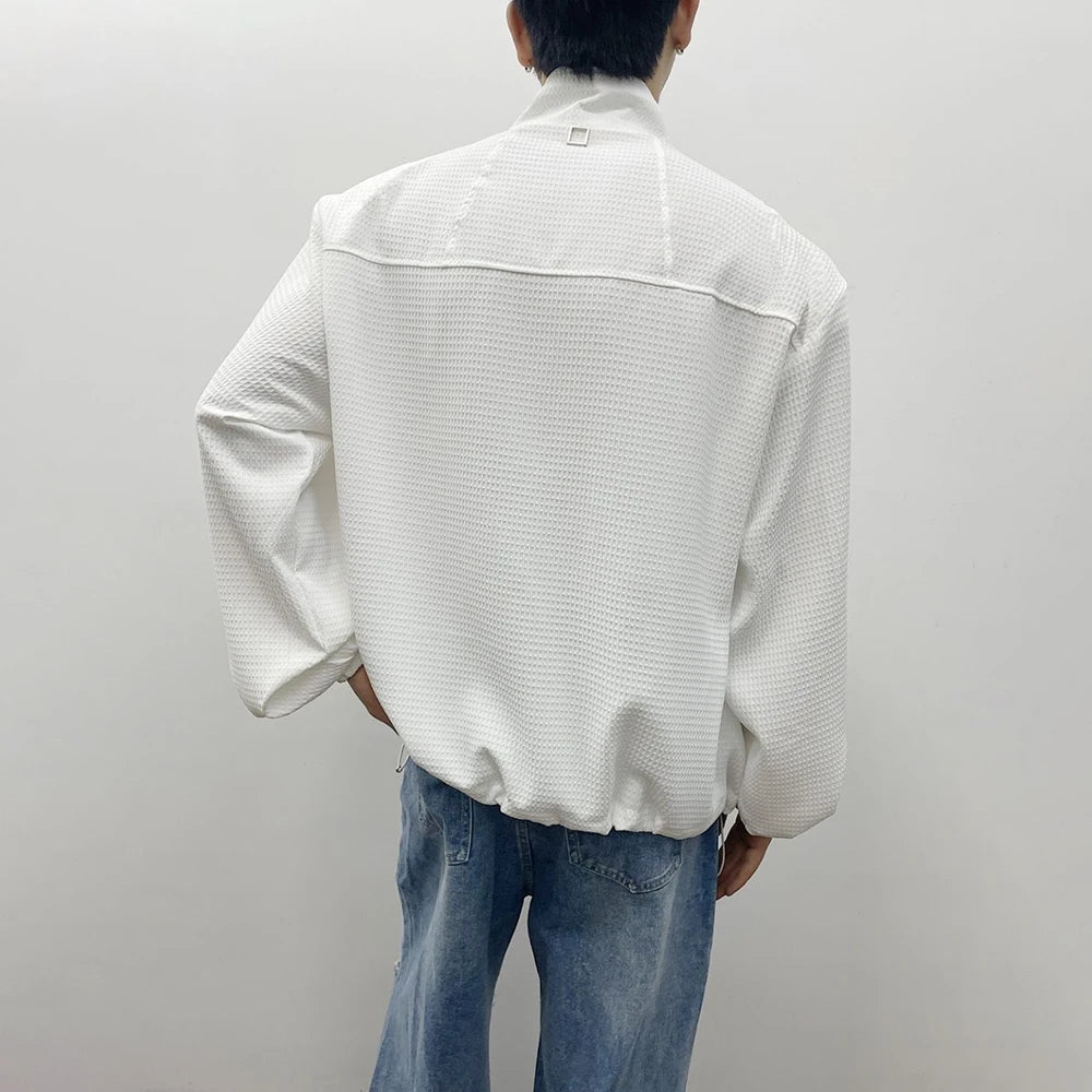 Mens Y2k Shoulder Pad Cross Metal Zipper Polo Shirt Genderless 2024 New Youth Personality Versatile High Collar Long-Sleeve Top