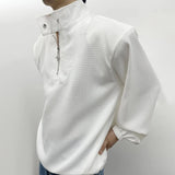Mens Y2k Shoulder Pad Cross Metal Zipper Polo Shirt Genderless 2024 New Youth Personality Versatile High Collar Long-Sleeve Top