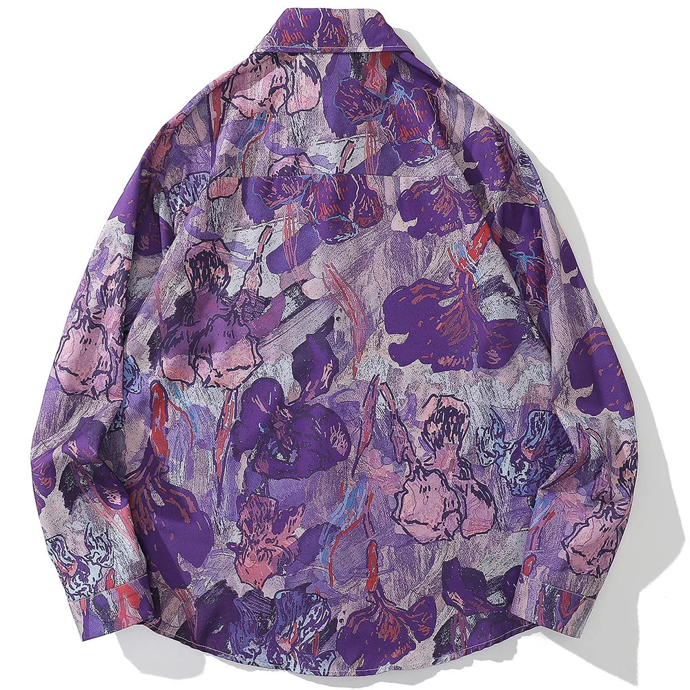 Oversized Men's Shirts Fresh Flower Graphic Print Hip Hop Long Sleeve Tops Streetwear