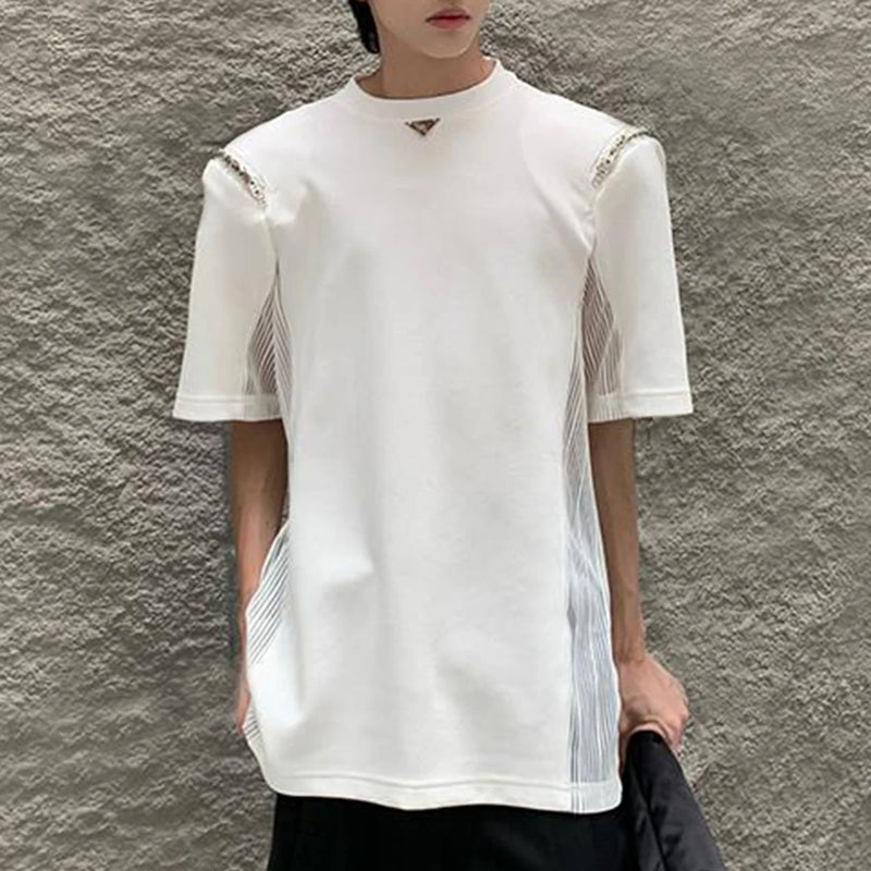 Harajuku Tribal flame – Mens Casual Splicing See Through Chain T Shirt 2024 New Gend