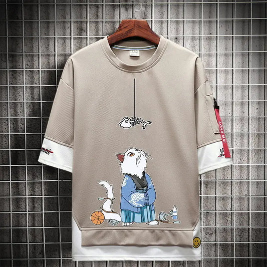 Anime Streetwear top – Hip Hop Kahaki T Shirt Short Sleeve Kawaii Harajuku Cat T Sh
