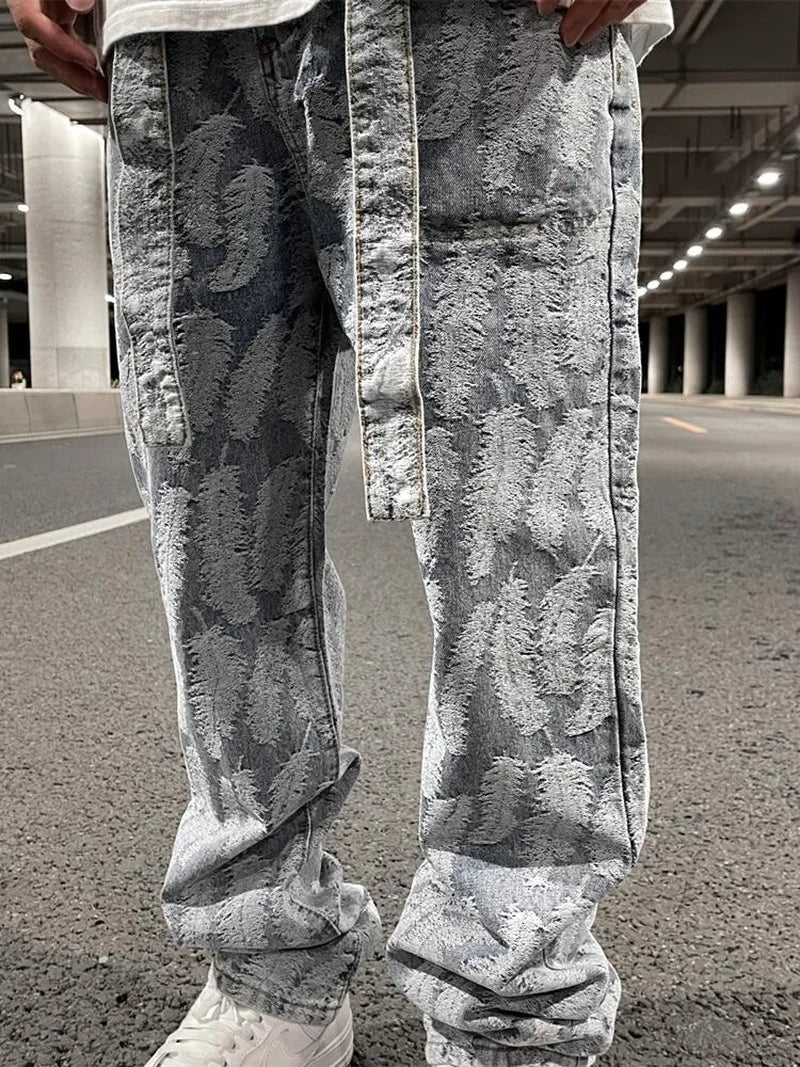 high street feathers embroidery denim pants mens zipper straight jeans trouser with belt hip hop streetwear loose joggers pants relaxed fit joggers