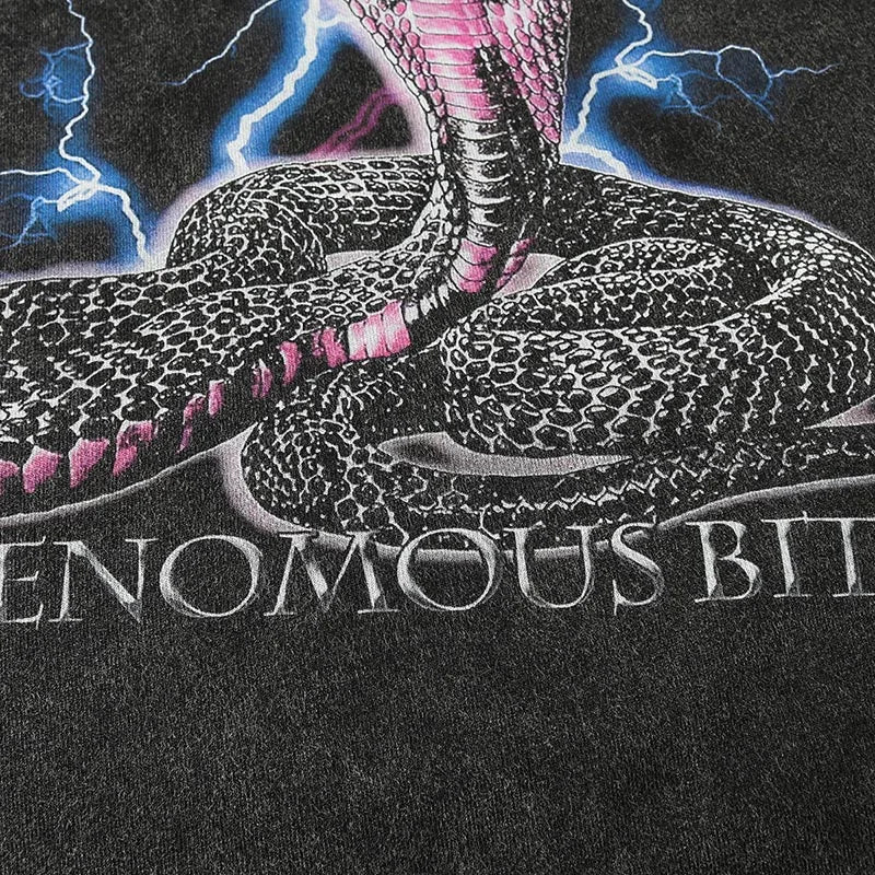 Sadcore Aesthetic print tee – Men Washed T Shirt Hip Hop Streetwear Lightning Snake Print