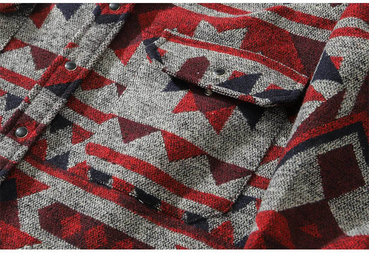 Aolamegs Patchwork Color Retro Geometric Pattern Men Shirt Thick Casual Baggy Big Pockets Harajuku High Street Autumn Streetwear